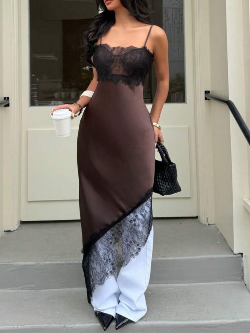 Viral Satin Slip Dress with Lace Trim - Chocolate Brown & Black